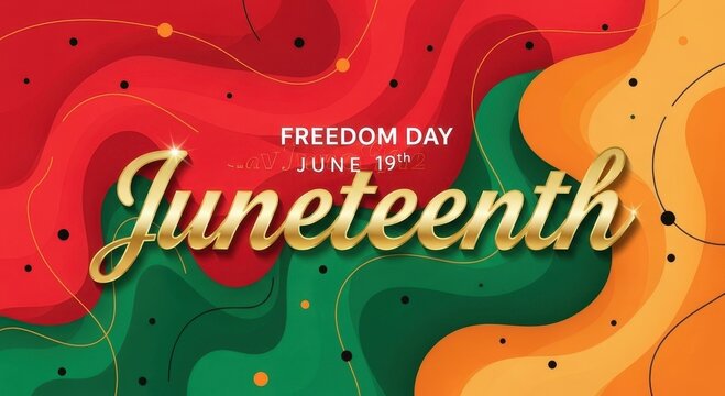 Vibrant juneteenth celebration with wavy background and golden text honoring freedom day