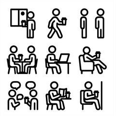 Coffee Moments Icons. Solid, filled icon set of coffee to-go cup moments: morning coffee, walking with cup, waiting in line,