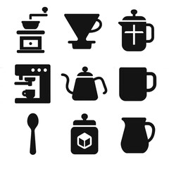Coffee Tools Icons. Solid, filled icon set of coffee preparation tools: coffee grinder, coffee filter, French press, espresso