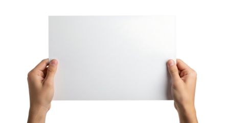 Two hands holding a blank horizontal sheet of white paper or poster card. Isolated on transparent background, png
