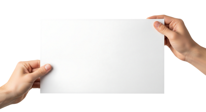 Two hands holding a blank horizontal sheet of white paper or poster card. Isolated on transparent background, png