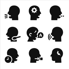 Communication Disorders Icons. Solid, filled icon set of communication disorders: stuttering, articulation, apraxia, dysphagia,