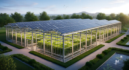Obraz premium A modern glass greenhouse with integrated solar panels on the roof, cultivating plants in a landscaped setting.