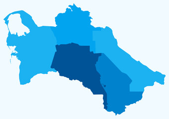 Map of Turkmenistan with regions. Just a simple country border map with region division. Light blue color palette. Flat Turkmenistan shape with administrative division. Vector illustration.
