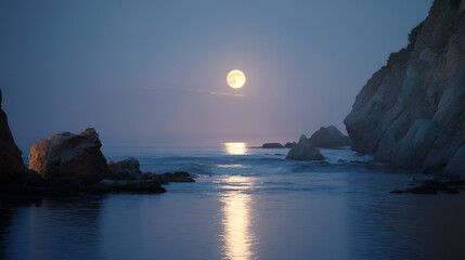 Moonlit ocean scene featuring a rocky coastline and reflective water under a night sky. Serene and peaceful.