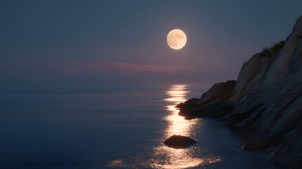 Moonlight bathes the ocean, creating a serene coastal scene with rocky cliffs and tranquil waters.
