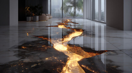 Fiery fissure bisects polished marble floor revealing molten glow interior concept