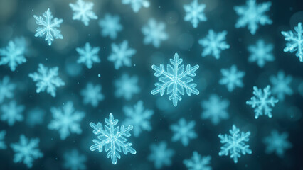 A close-up view of delicate blue snowflakes falling against a dark background. The snowflakes vary in shape and size, creating a wintery atmosphere.
