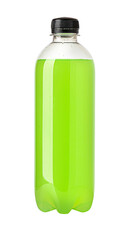 Green soft drink in plastic bottle on white background