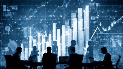 Futuristic business people meeting analyzing holographic financial data - Powered by Adobe