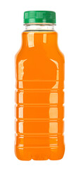 Plastic bottle of fresh orange juice on white background