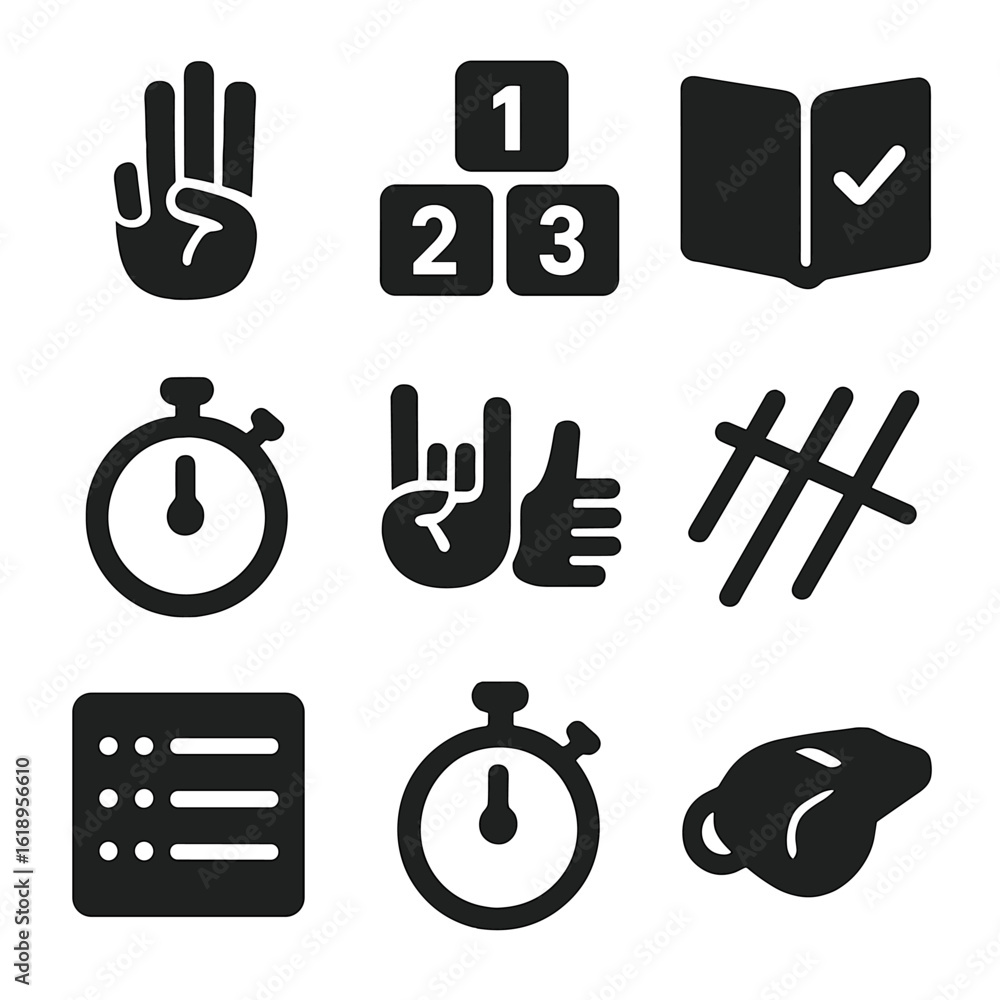Poster counting game icons. solid, filled icon set of counting and game rules: fingers counting, number blo