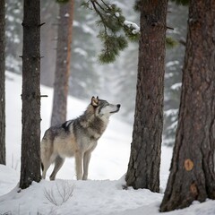 Obraz premium Grey Wolf (Canis lupus) Between Trees Looks Up and to Right Winter