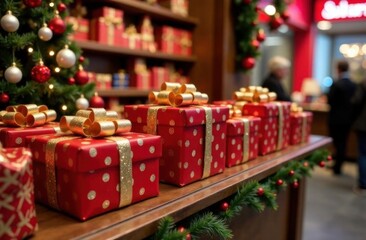 Colorful christmas gift boxes with red and green ribbons on display. High quality photo