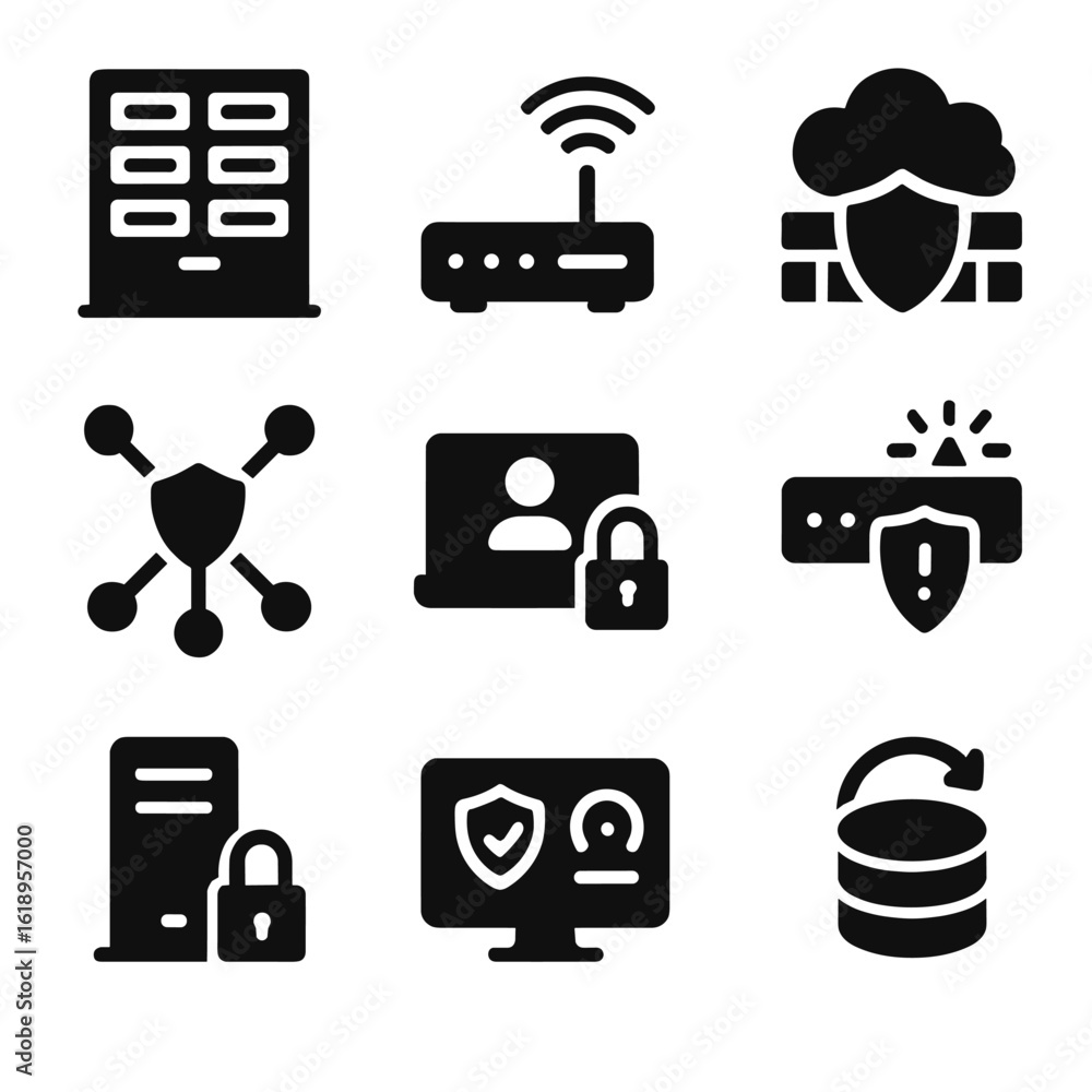 Poster cybersecurity icons grid. solid, filled icon set of cybersecurity infrastructure: data center, netwo