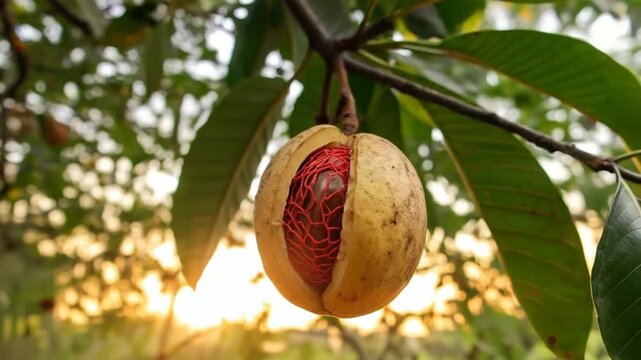 nutmeg fruit on tree at sunset in kerala india video