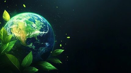 The terms Green Earth, leaves, space, environmental, nature, digital art, eco-friendly, and sustainability are all interconnected