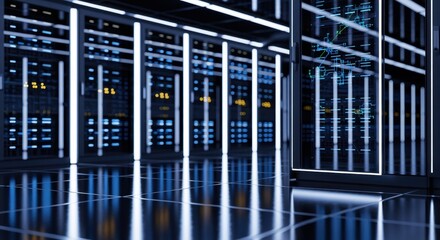 Electronic data processing center with reflective surfaces and neon accents