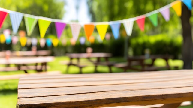 Empty Wooden Picnic Table in a Sunny Garden Setting with Colorful Party Bunting