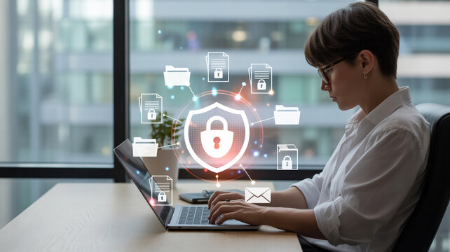 Data Protection Strategy A Businesswoman Safeguarding Sensitive Information with Advanced Cybersecurity Measures and Encryption Protocols in a Modern Office