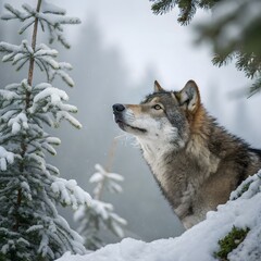 Obraz premium Grey Wolf (Canis lupus) Between Trees Looks Up and to Right Winter