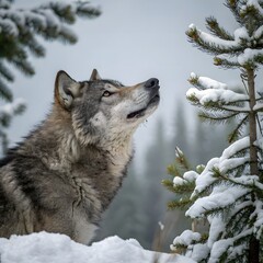 Fototapeta premium Grey Wolf (Canis lupus) Between Trees Looks Up and to Right Winter