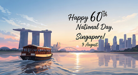 A boat cruises on the water with the Singapore skyline, including Marina Bay Sands, in the background, celebrating the 60th National Day on August 9th.