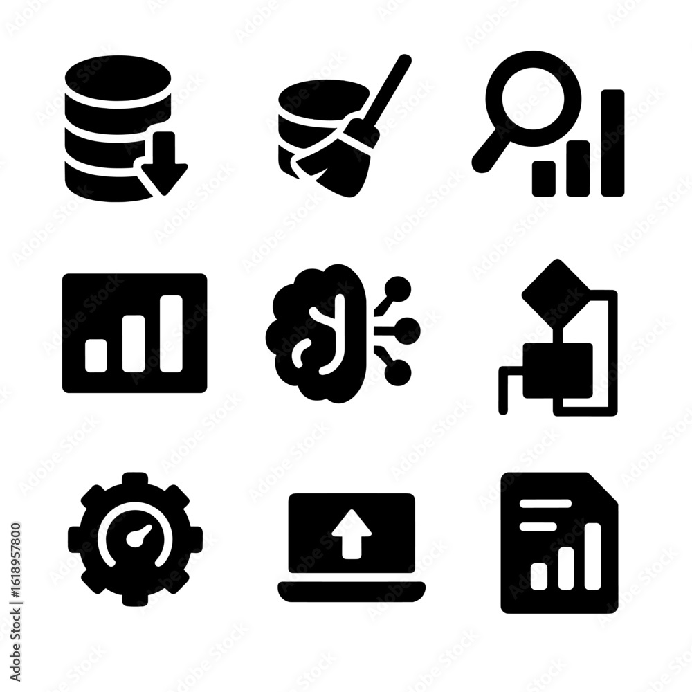 Poster data science icons. solid, filled icon set of data science workflow: data collection, data cleaning,
