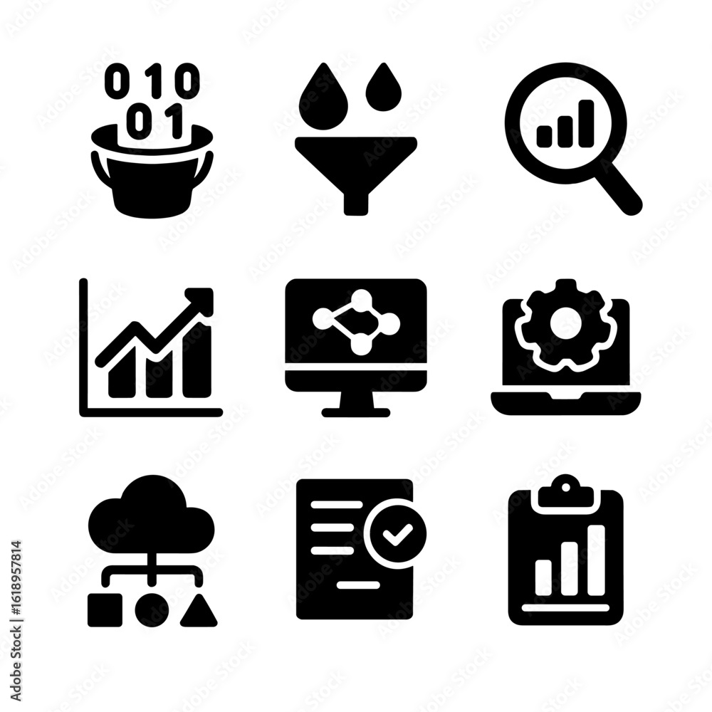 Aufkleber data science icons. solid, filled icon set of data science workflow: data collection, data cleaning,