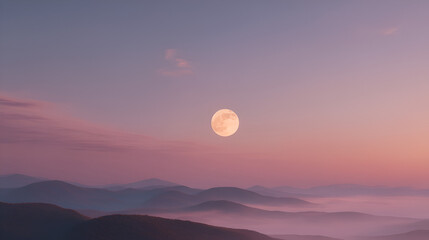 Fototapeta premium Full moon over rolling, misty mountains, illuminated by soft, pastel sunrise or sunset. Serene landscape.