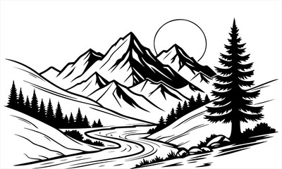 Obraz premium Black and White Mountain Landscape with Winding River and Evergreen Tree 