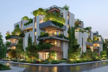 Modern apartments with garden roofs and greenery on balconies during dusk in Residential Area