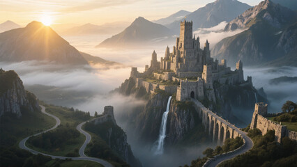 Naklejka premium A grand medieval fortress nestled among misty mountains in an epic fantasy world.A grand medieval fortress nestled among misty mountains in an epic fantasy world.