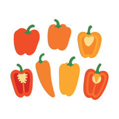 Colorful bell peppers. Red, orange, and yellow peppers, whole and cut in half. Paprika. Sweet pepper. Minimalist healthy food design isolated on white background. Flat vector illustrations set.