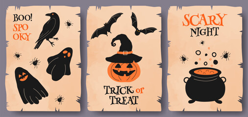 Halloween Background Card Poster Flyer Template set with Spooky Elements on Vintage Antique Old Paper Sheets with Ripped Edges. Vector Happy Halloween Texture of Vintage Paper or Parchment for Print.