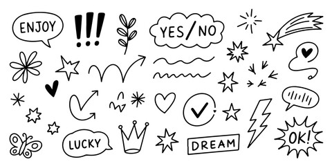 Playful Hand-Drawn Doodle Collection Featuring Stars, Arrows, Hearts, and Speech Bubbles on White Background