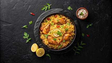 Chicken Biryani with Lemon and Cilantro on a Dark Surface