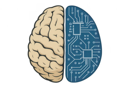 Human brain merging with electronic circuit on transparent background