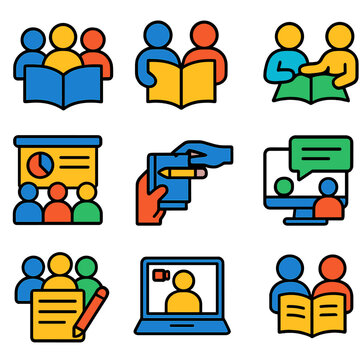Educational Icon Set. Flat vector icons of educational collaboration: study group, co-learning icon, peer tutoring, group