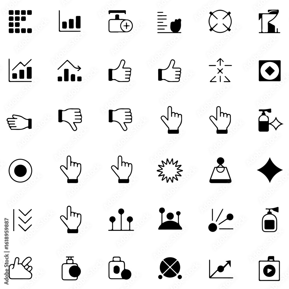 Poster diverse black and white icon set displaying a variety of symbolic representations and graphical elem
