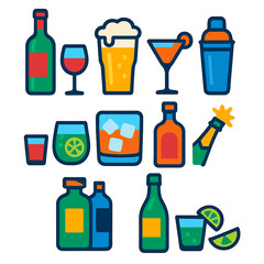 Vibrant Beverage Icons. Flat vector icons of alcoholic beverages: wine bottle and glass, beer pint, whiskey glass with ice,