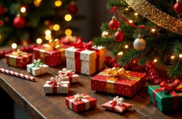 Festive christmas scene with decorated tree and wrapped gifts on wooden table. High quality photo