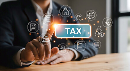Businessman interacting with digital tax interface and financial icons