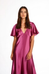 Young Woman in Elegant Purple Satin Slip Dress - Studio Portrait