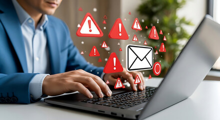 Cybersecurity alert warning icons appearing over man typing on laptop