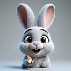 Obraz premium Adorable fluffy gray baby bunny with big expressive eyes and a tiny orange butterfly resting on its paw a delightful springtime character