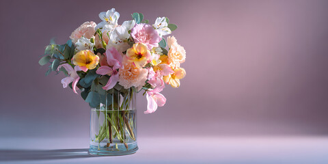 Fototapeta premium Colorful Flower Bouquet in Glass Vase Against Gradient Background