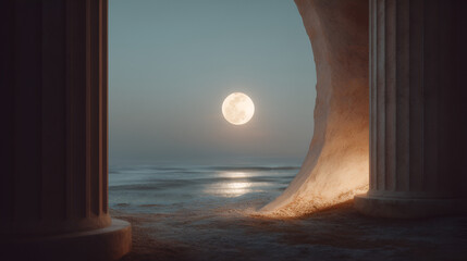 Lunar glow above the sea, framed by ancient pillars, casting a serene and timeless ambiance.