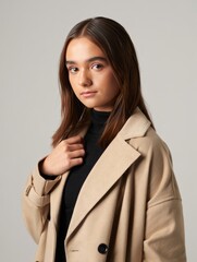 Young Woman in Neutral Coat, Direct Gaze, Studio Portrait