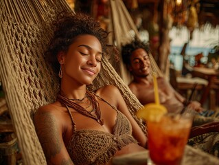 Couple Relaxing in Hammocks, Tropical Escape